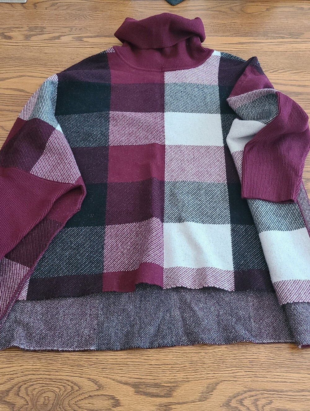 Zenana Outfitters Burgundy Plaid Cowl Neck Sweater Poncho NWOT